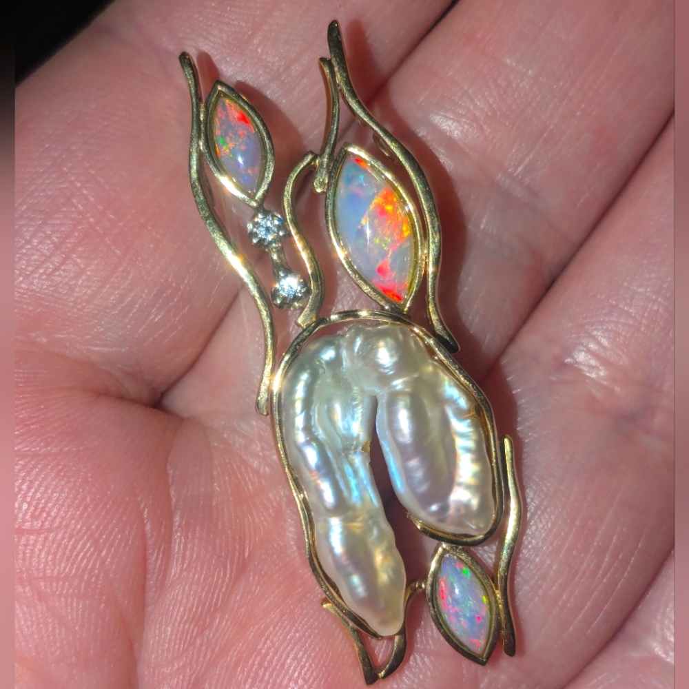 Sold♥️ 14k Yellow Gold Opal Diamond Pearl Custom Large Pendant Vintage